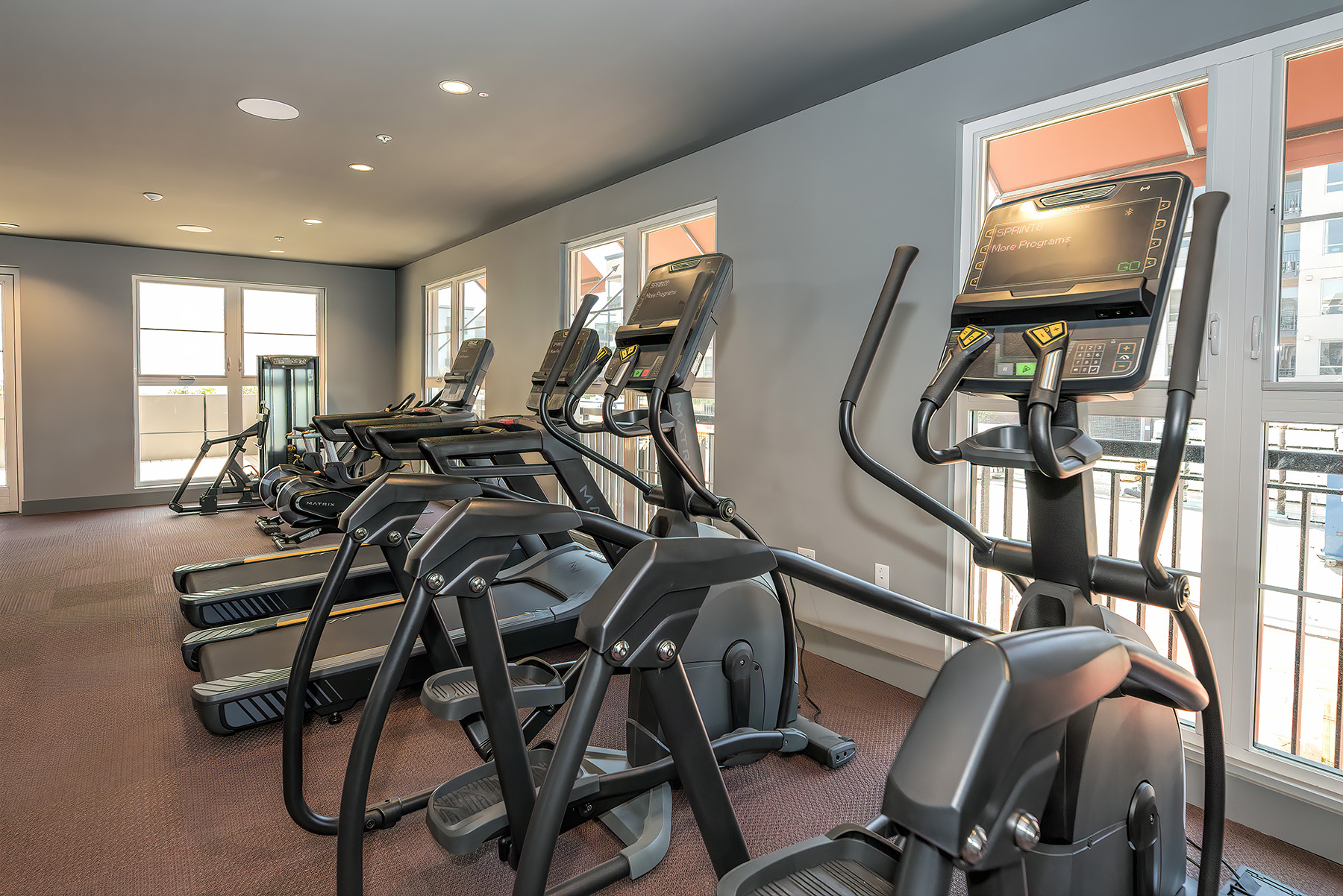 Apartments for Rent San Mateo - Azara - Fitness Center with Cardio Equipment and Windows.